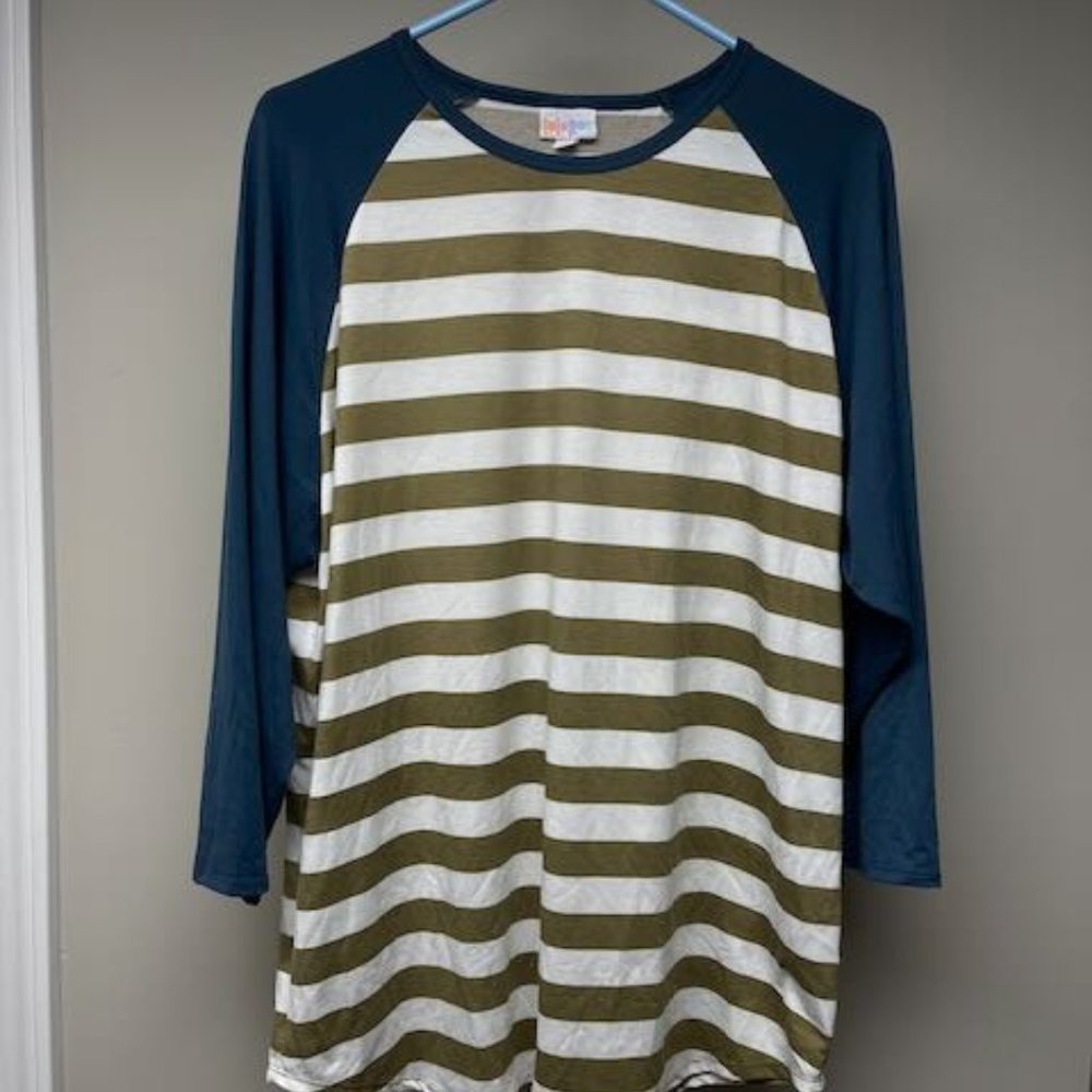 Women's LuLaRoe Randy tee (like baseball tee) 3X (fits like a 1X), teal/khaki.